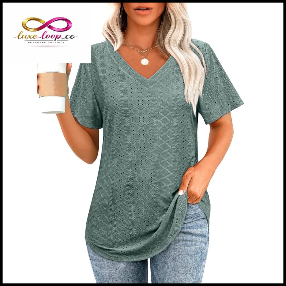 V-Neck Short Sleeve T-Shirt Loose Fit Curved Hem Casual Top